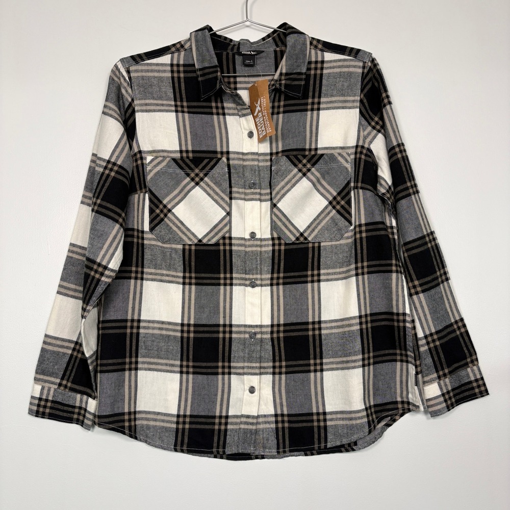 Eddie Bauer Womens Flannel Shirt L Mushroom Plaid Cotton Lyocell Button Down